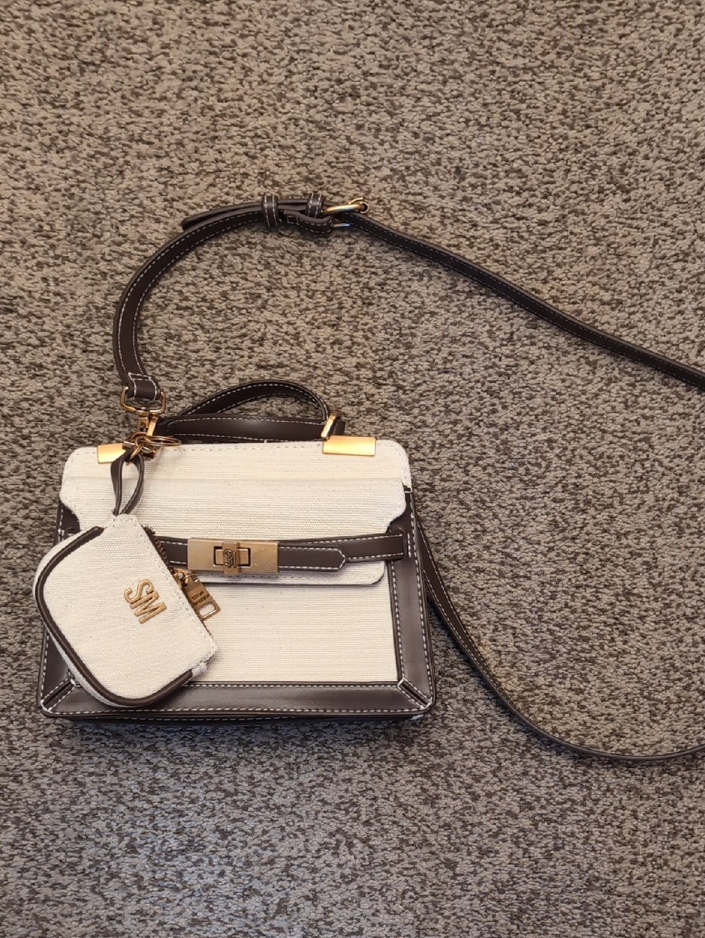 Steve Madden Cream Canvas and Brown Trim Crossbody with Coin Pouch